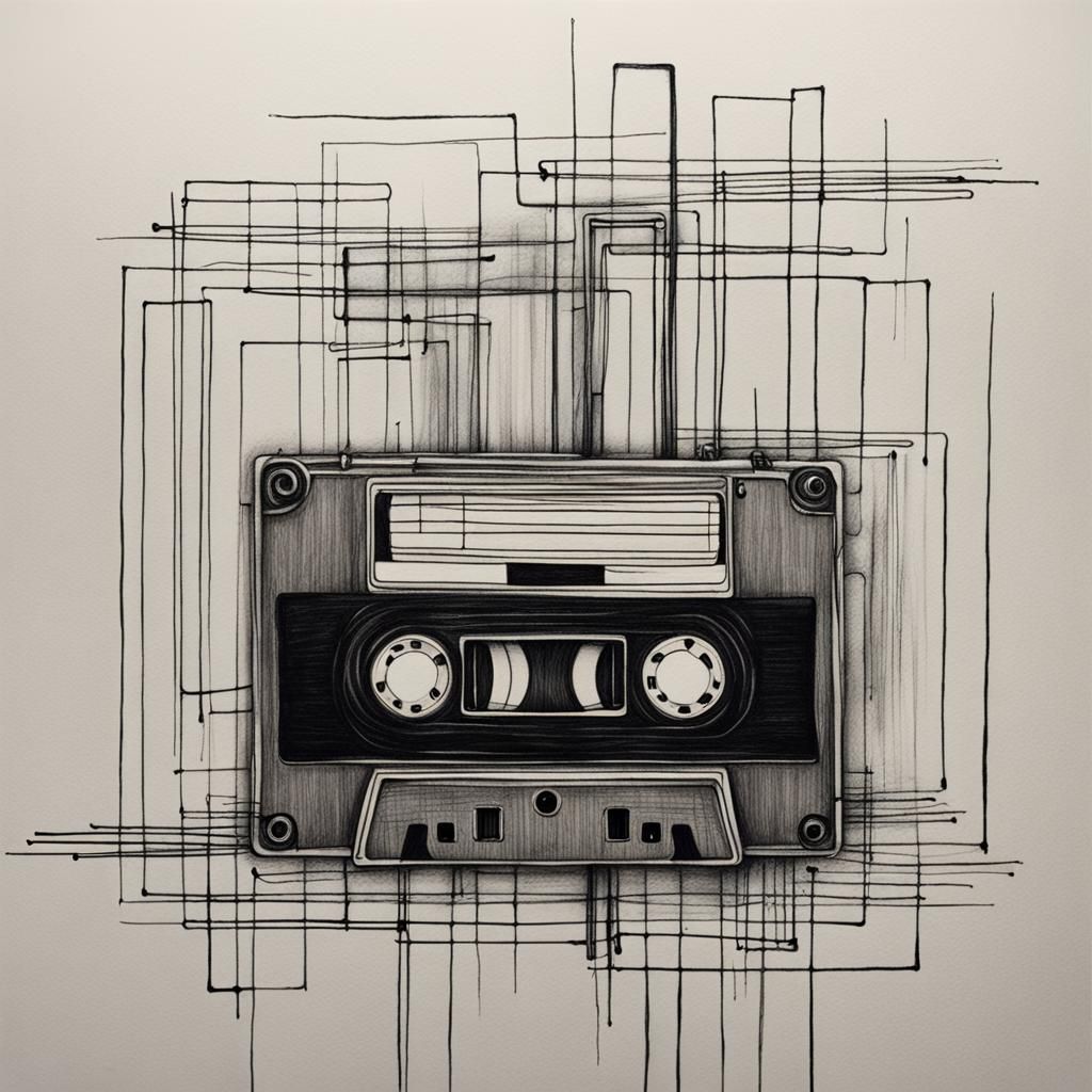 Minimalist Cassette Drawing in Entangled Futurism Style