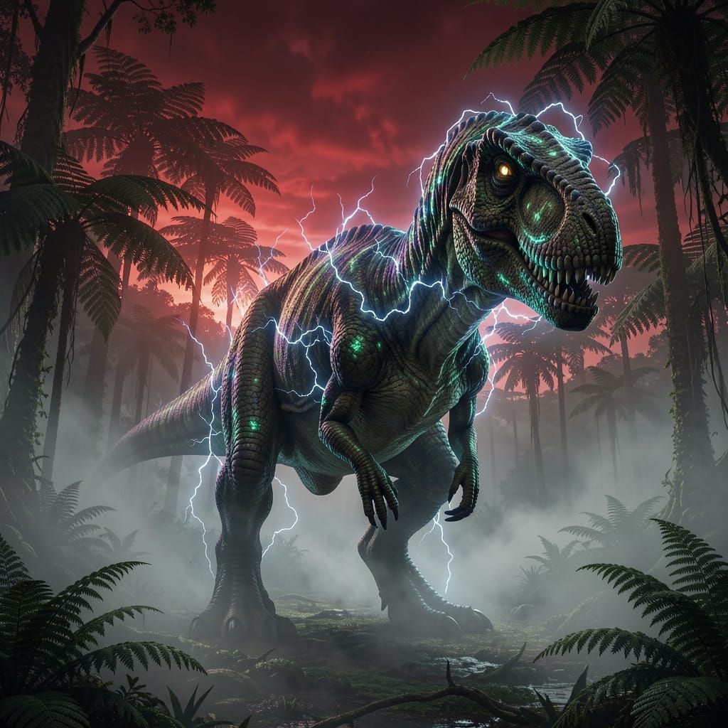 Bioluminescent Dinosaur in Mystical Jungle