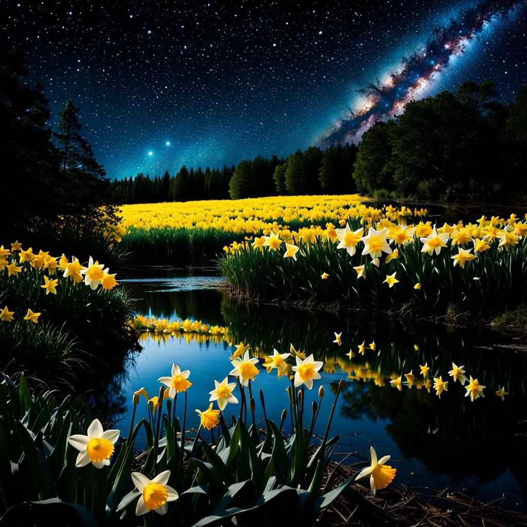 Daffodils Field (Stary Night Over The Mountains & Lake)