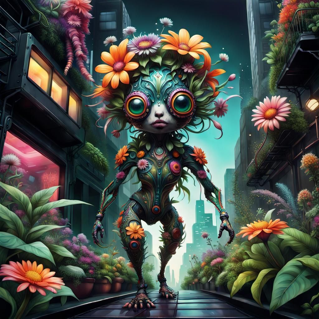 Bohemian Cyberpunk Flower Creature in City Garden