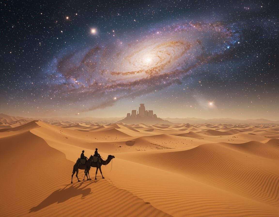 Camel Journey Under a Nebula Sky