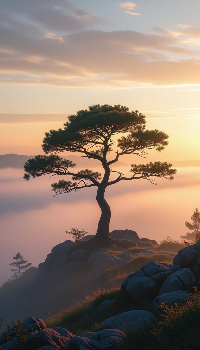 Mysterious Forest Sunrise with Solitary Umbrella Tree