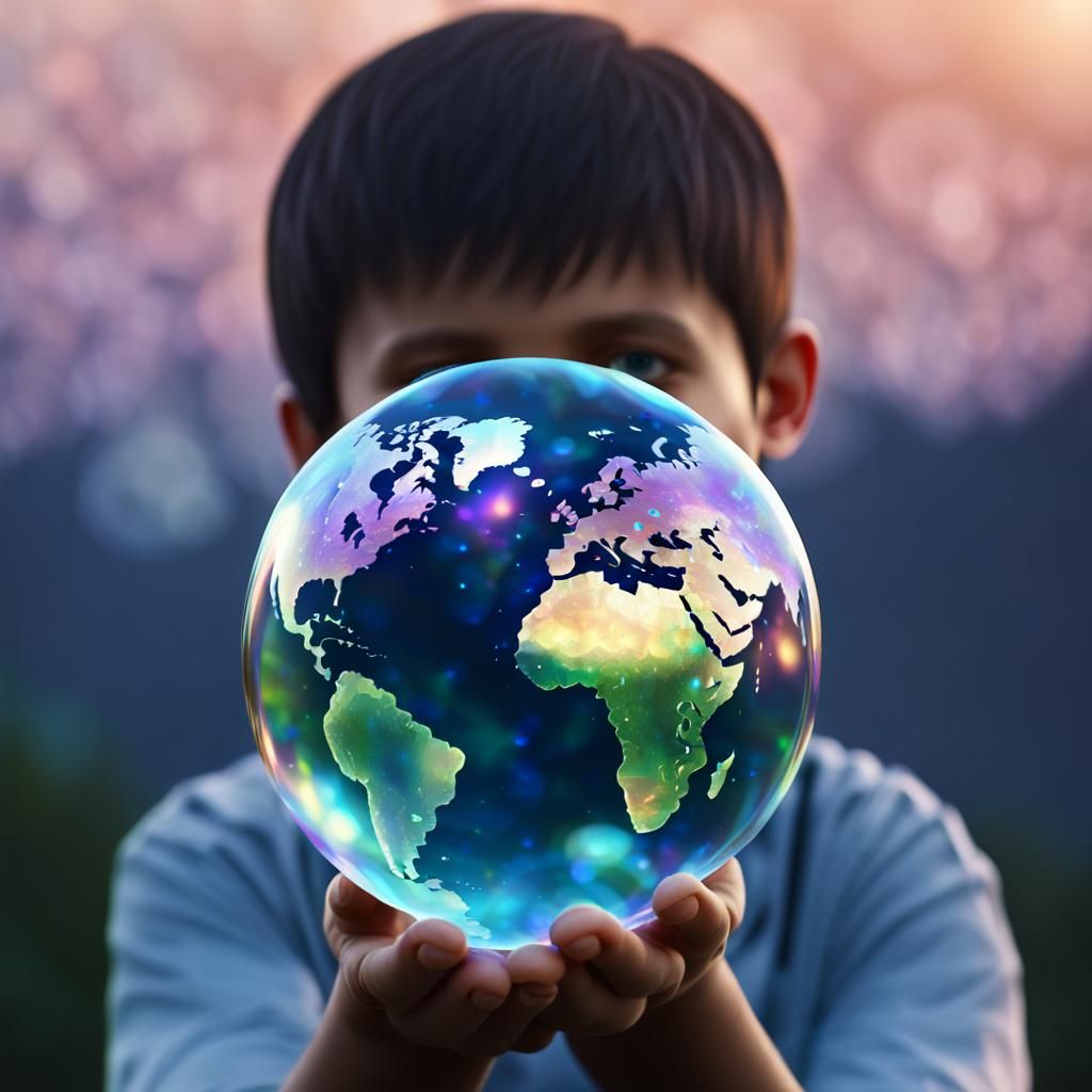 Boy Holds Iridescent Earth Soap Bubble