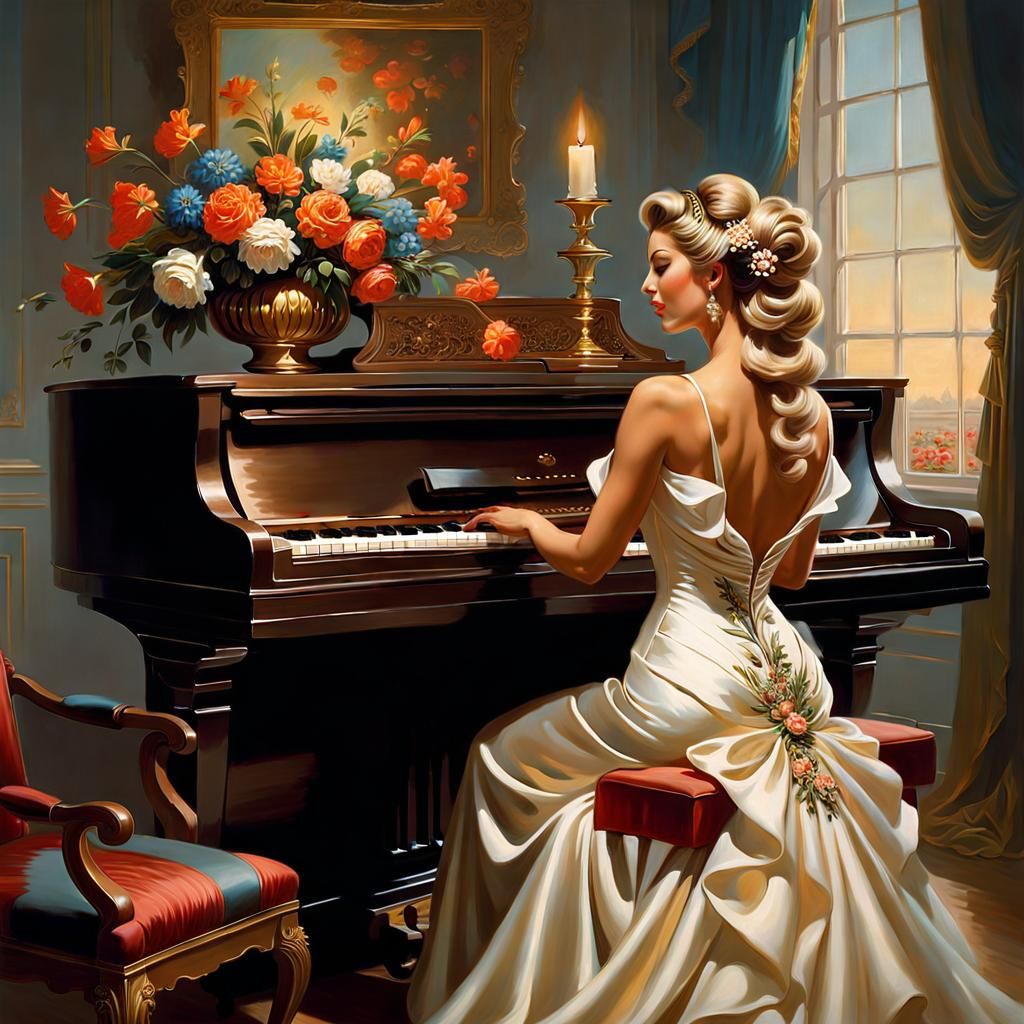 Beautiful Girl Playing Piano, Retro Painting