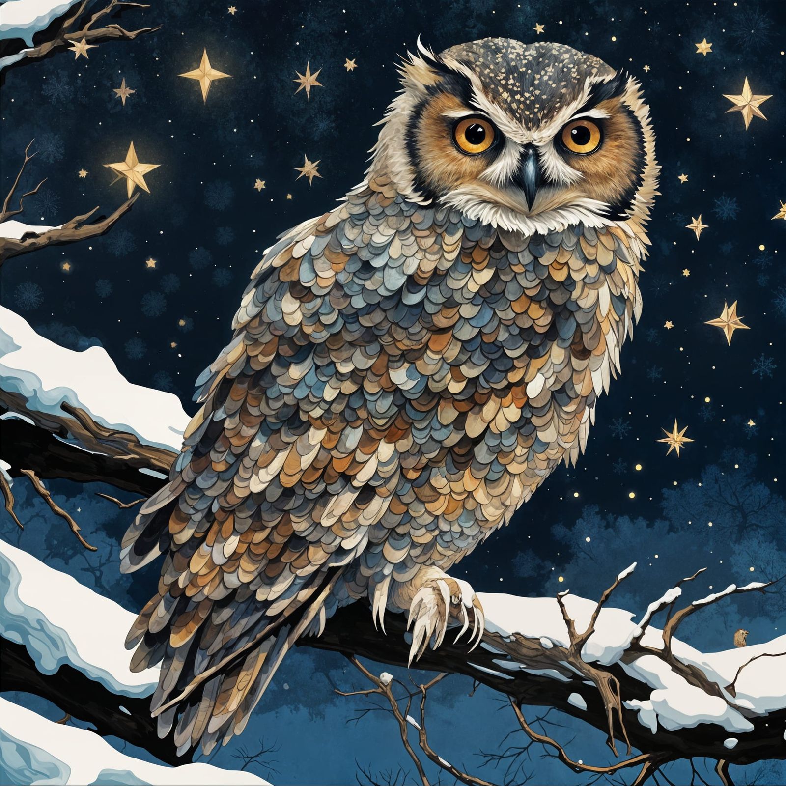 an adorable owl perched on a snowy branch in winter , dark s...