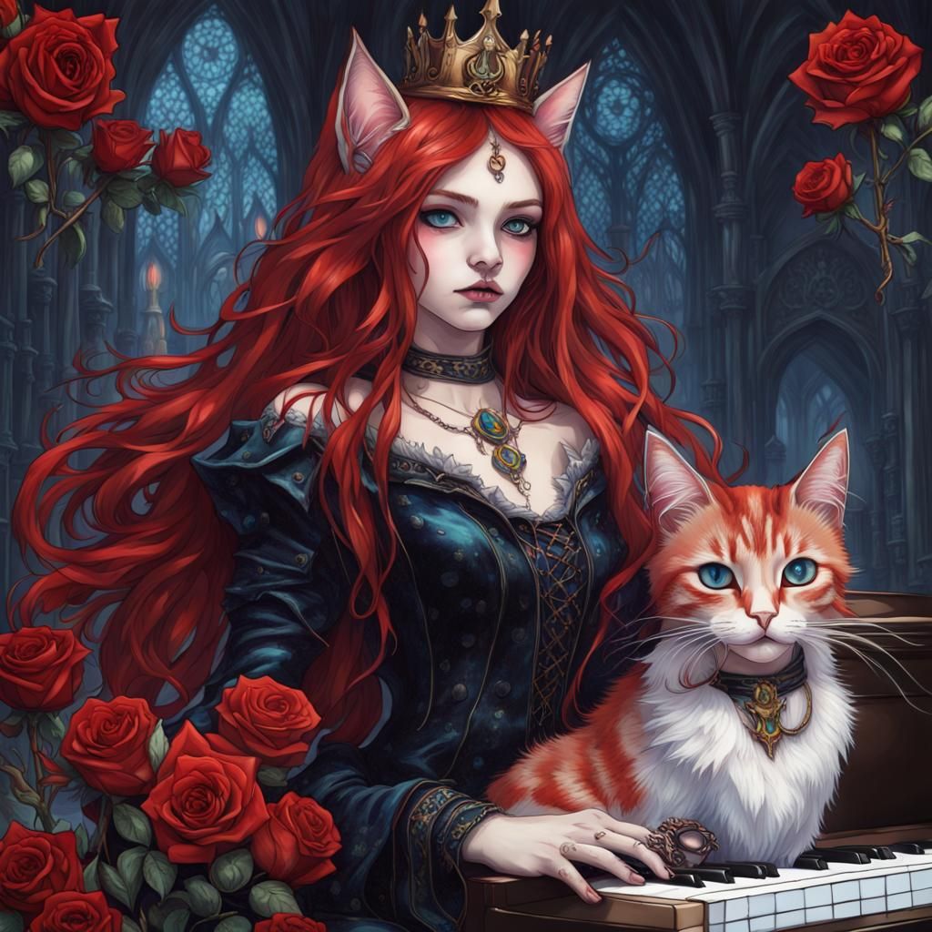 Gothic Cat-Girl Plays Piano in Space, Gouache Art