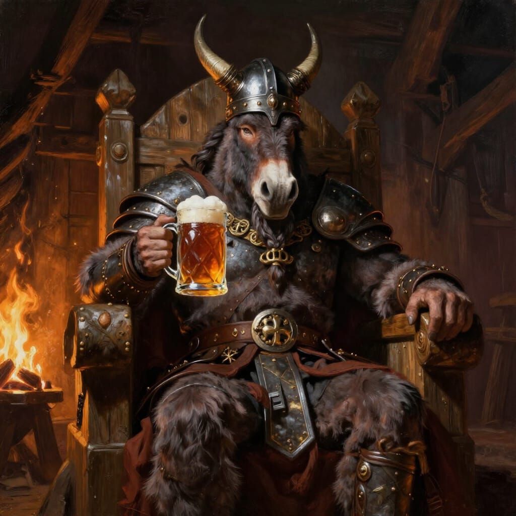 Viking Donkey King Enjoys Mead on Wooden Throne