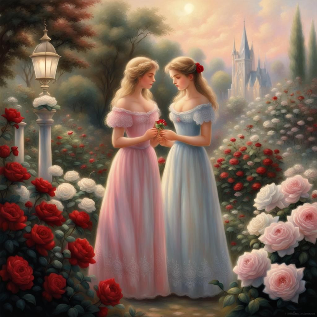 Sisters in Rose Garden: Ethereal Fantasy Image
