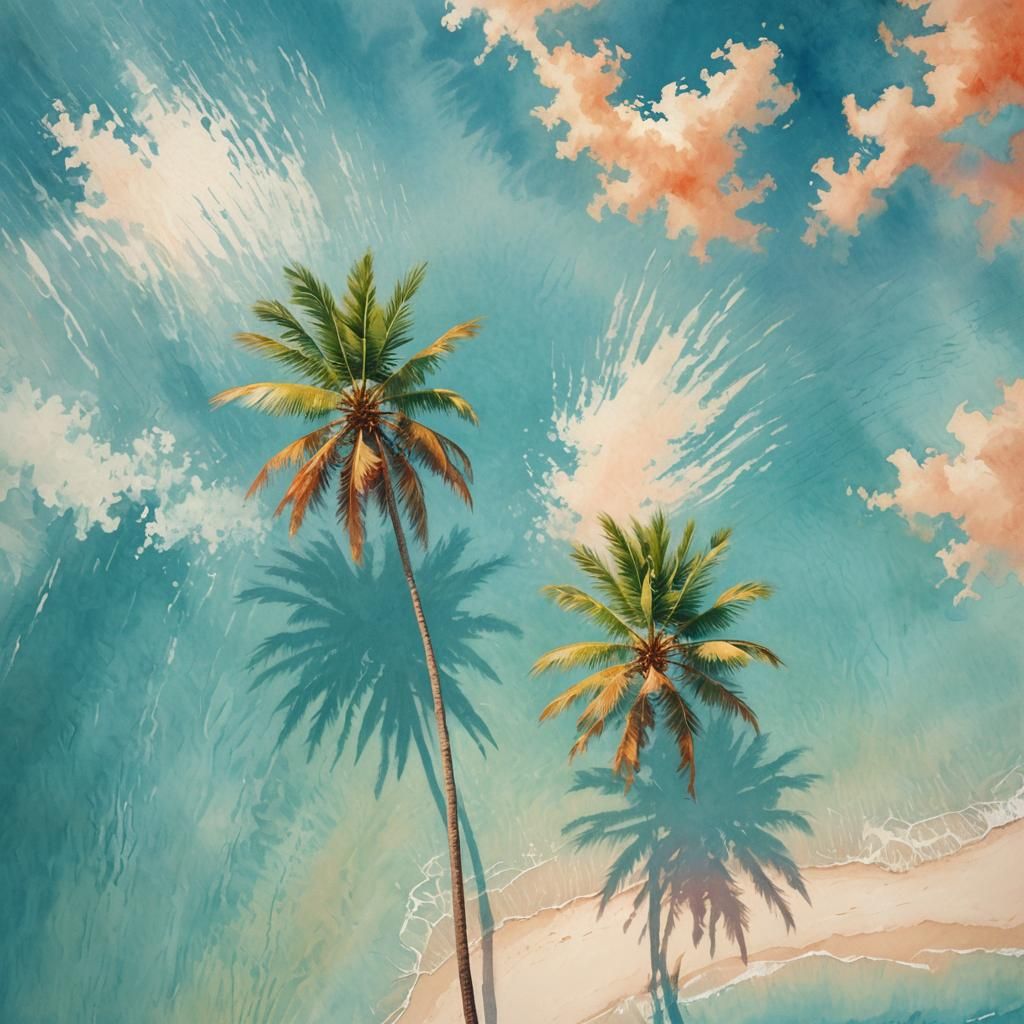 Pastel Paradise: A Lone Palm Tree on a Serene Beach