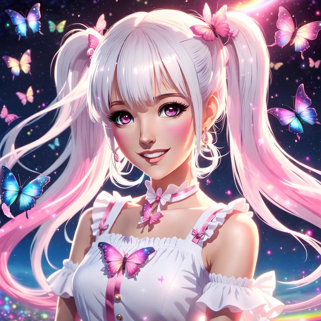 "anime style Pretty girl age 20 with white hair with bangs and long pigtails and light skin and pink eyes and wearing wh...