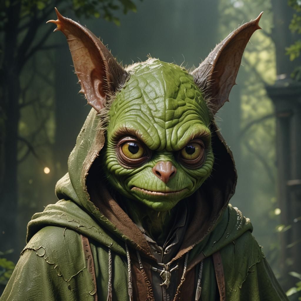 Hyperrealistic Portrait of a Green-Skinned Gremlin