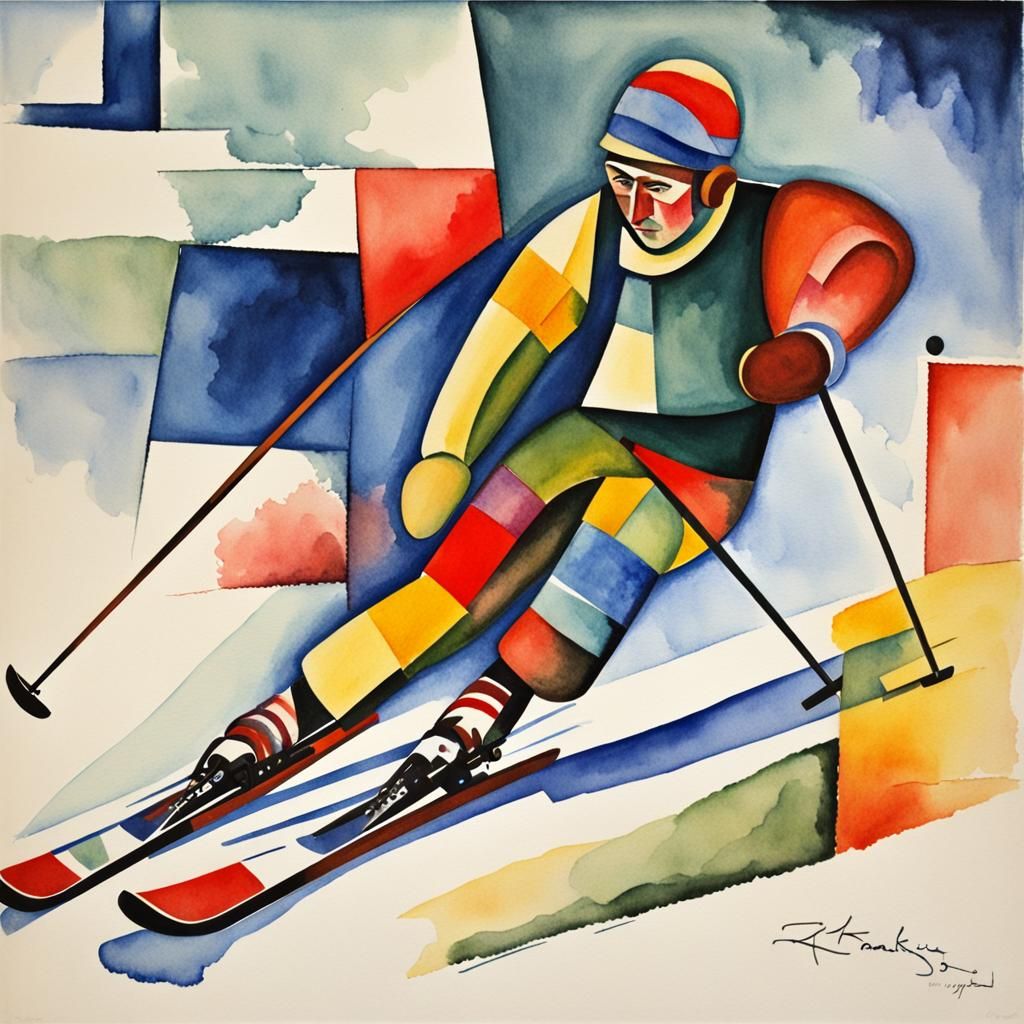 Cubist Watercolor Skier in Kandinsky Style