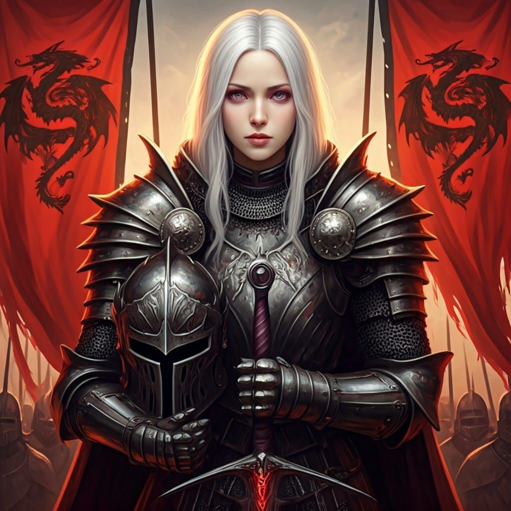 Medieval Female Warrior in Regal Armor with Dragon Motifs