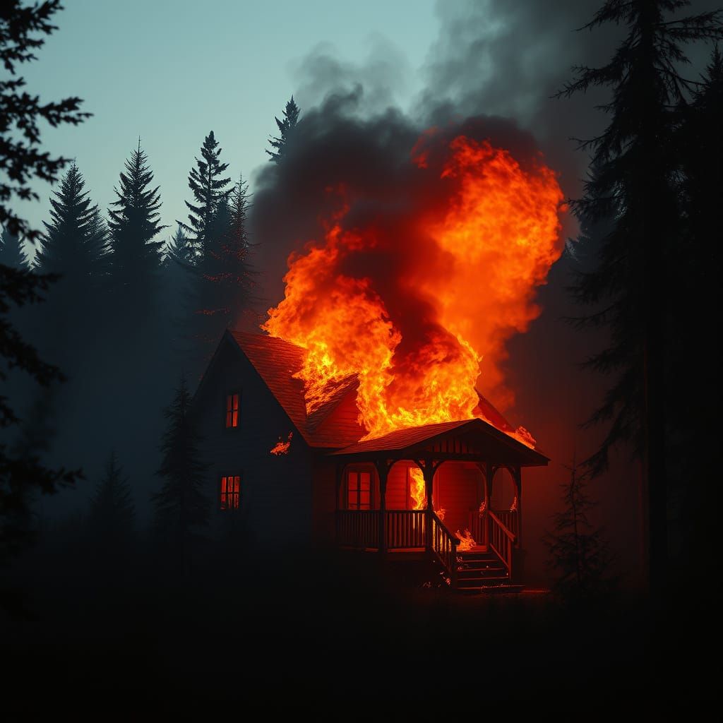 Burning House in Forest at Dusk