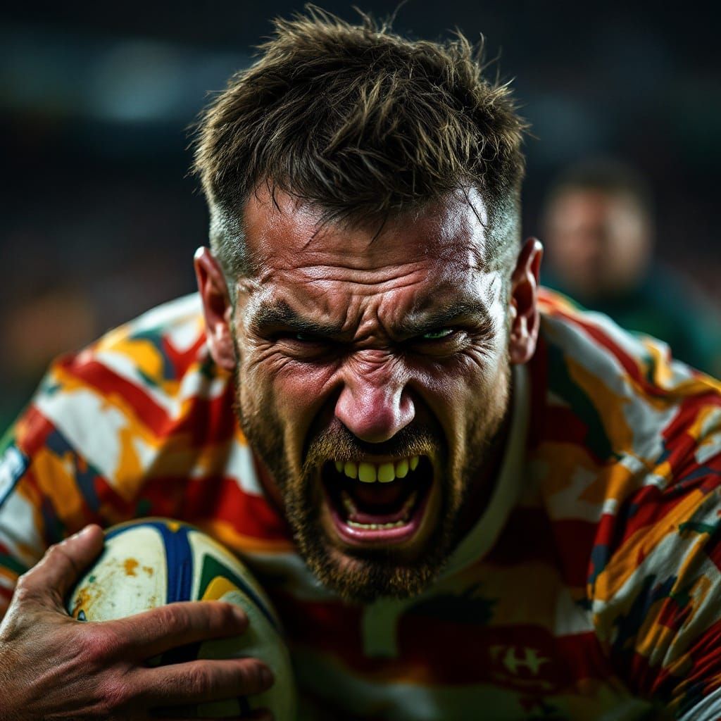 Rugby Player Scoring Try: Hyper-Realistic Portrait