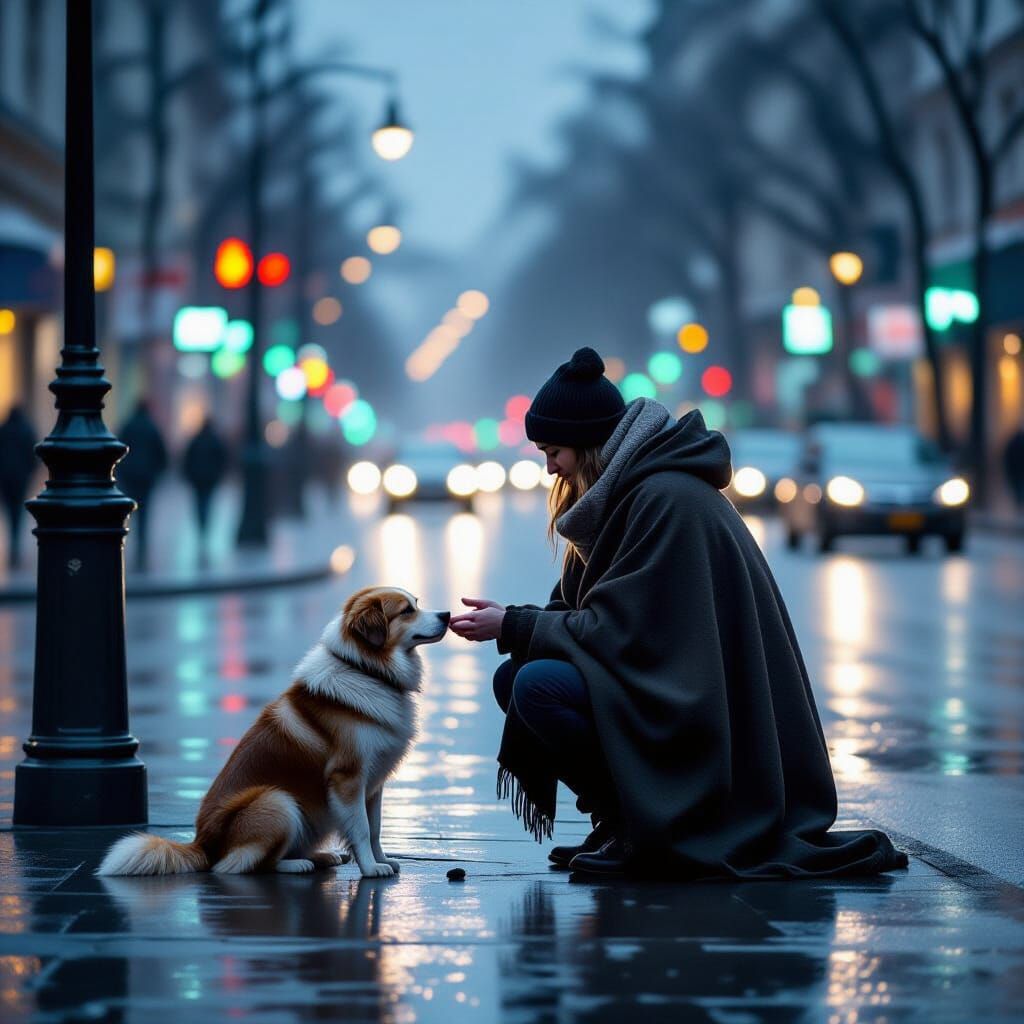 Compassionate Traveler Aids Stray Dog in Rainy City