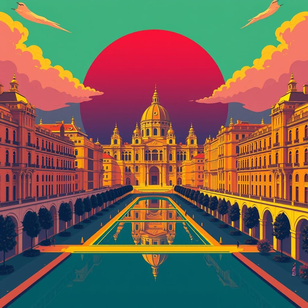 Vibrant Cityscape in Triadic Colors