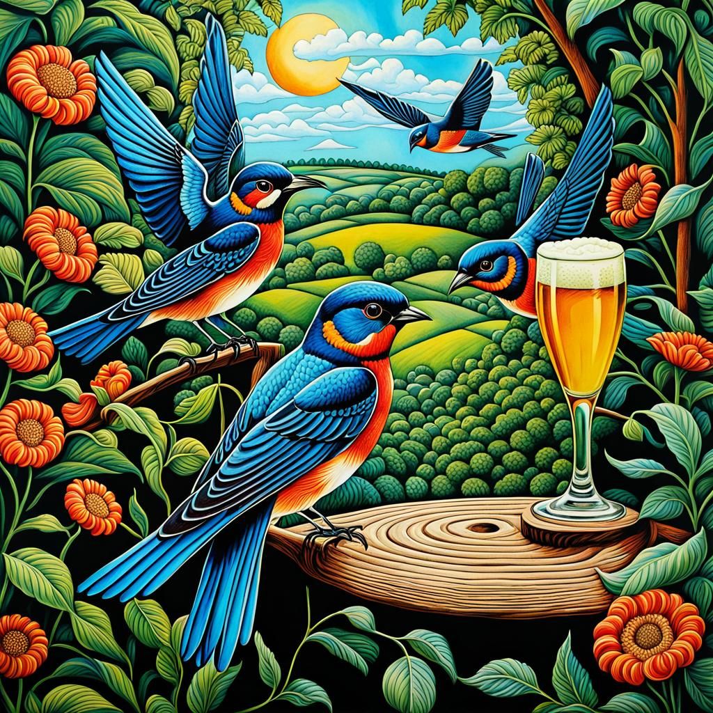 Surreal Zentangle Garden of Swallows Beer Label