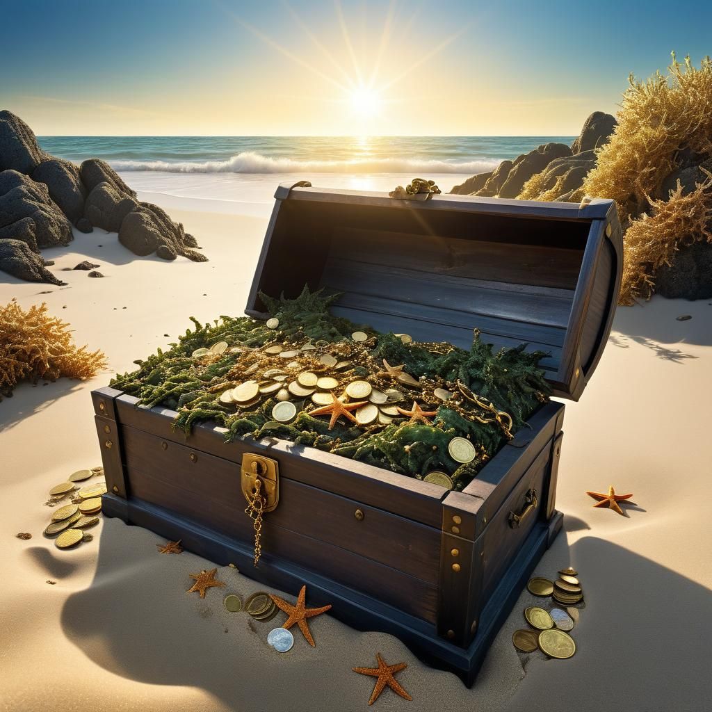 Sunlit Ocean Shore Treasures in Photorealistic Style