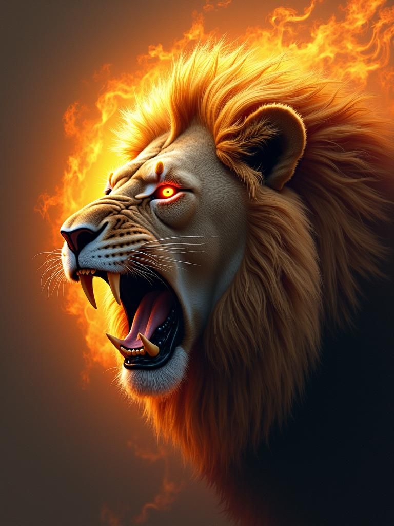 Fiery Lion Head in Fantasy Matte Painting Style