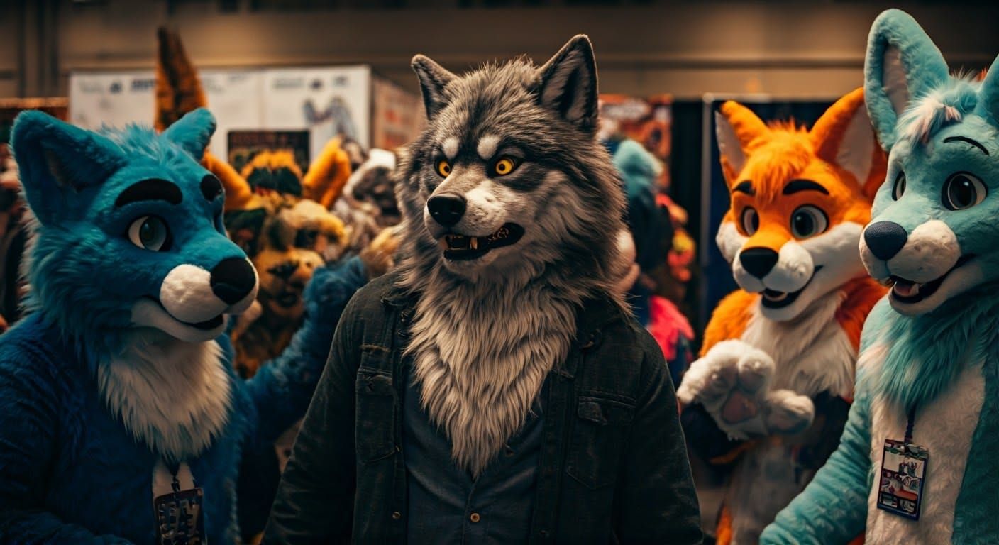 Confused Werewolf Surrounded by Furry Convention Chaos