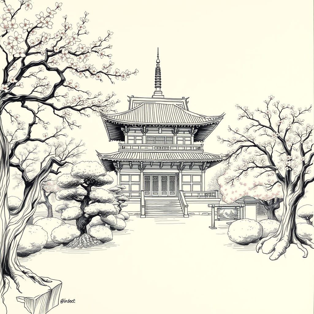 Detailed Ink Sketch of Japanese Temple