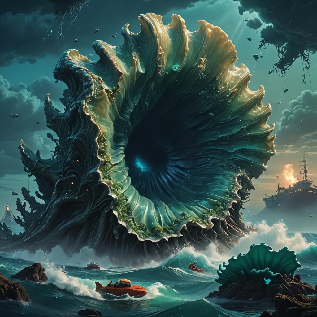 Giant Clam Versus Shark in Bioluminescent Abyss