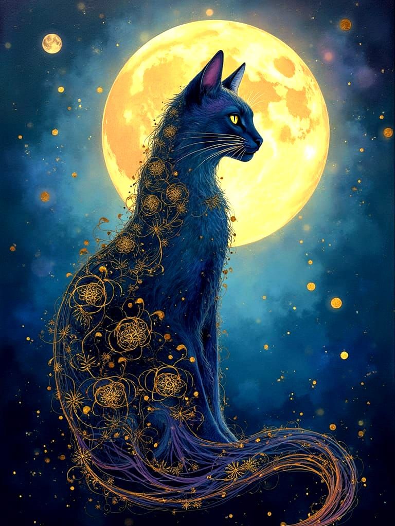 Golden Cosmic Cat Silhouette in Lunar Splendor