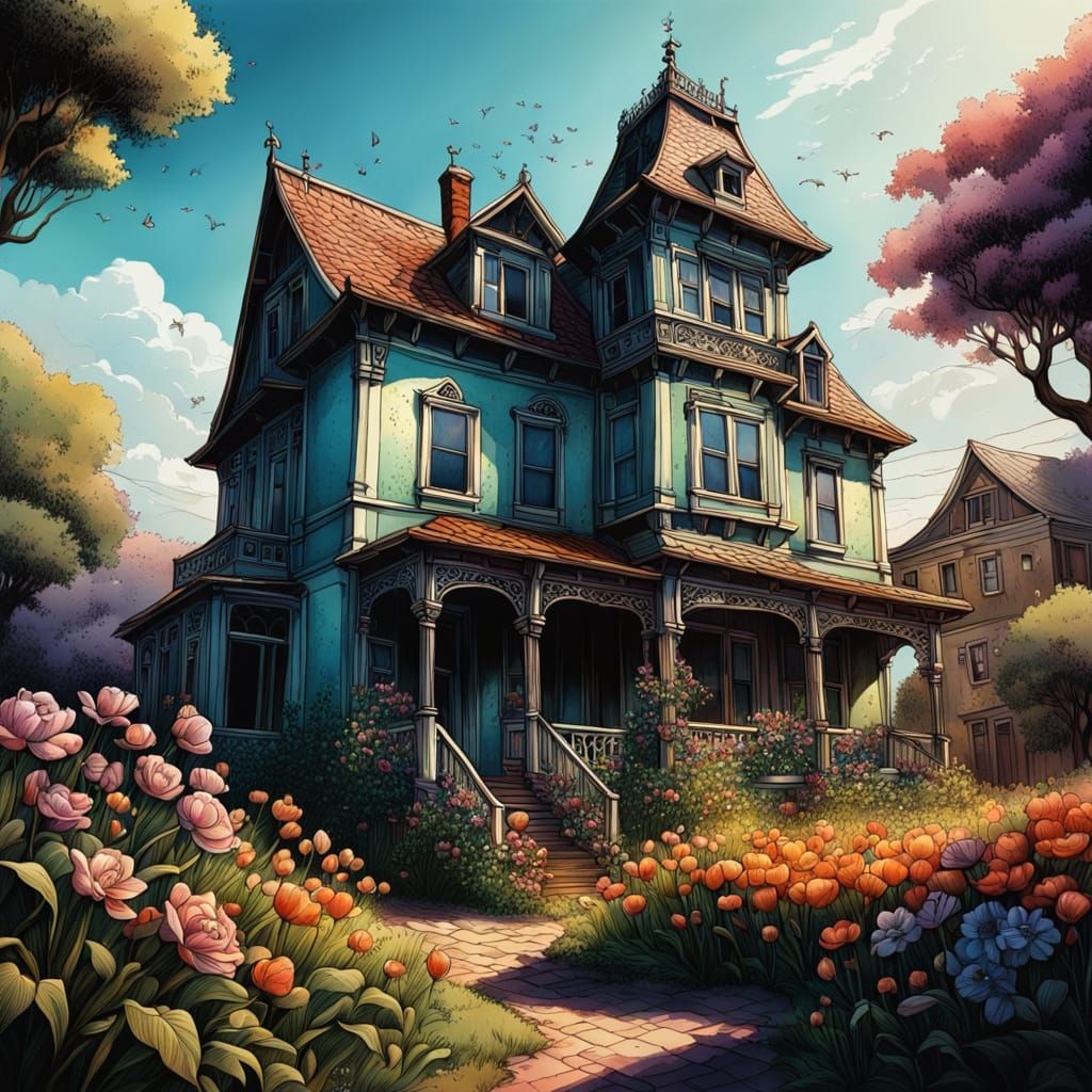 Charming Old Home in Filigree Illustration Style