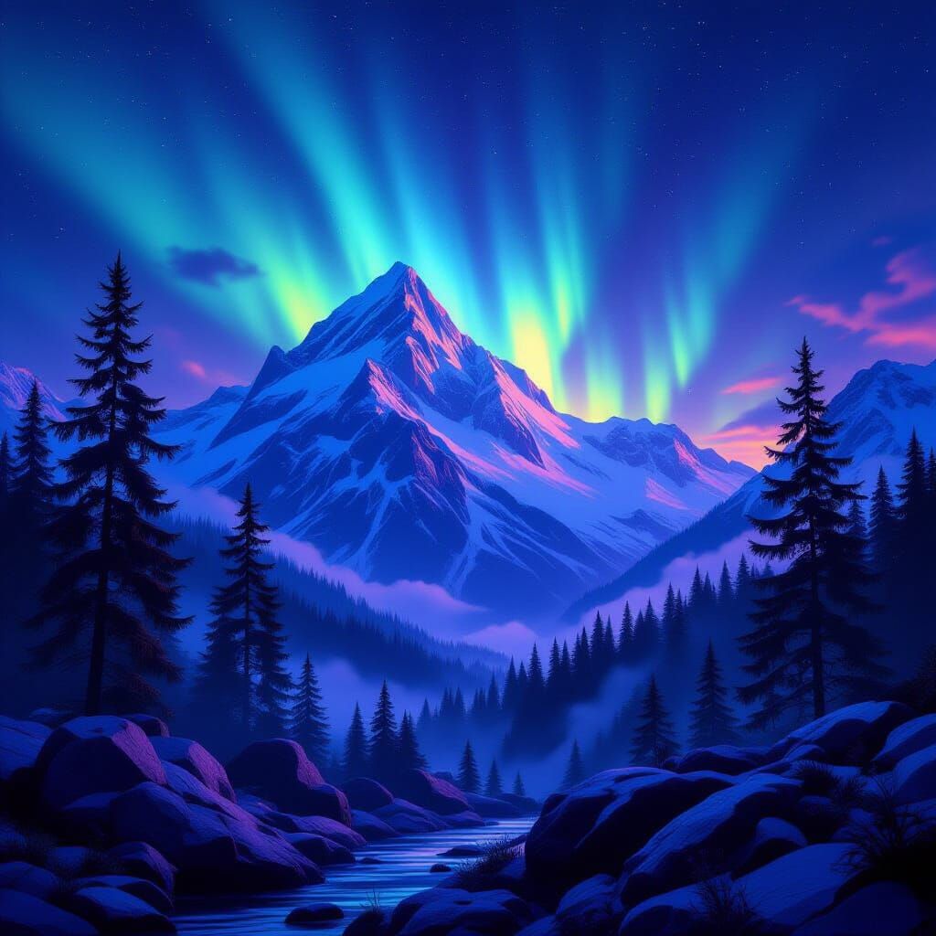 Aurora Borealis Over Mountain in Dark Fantasy Style
