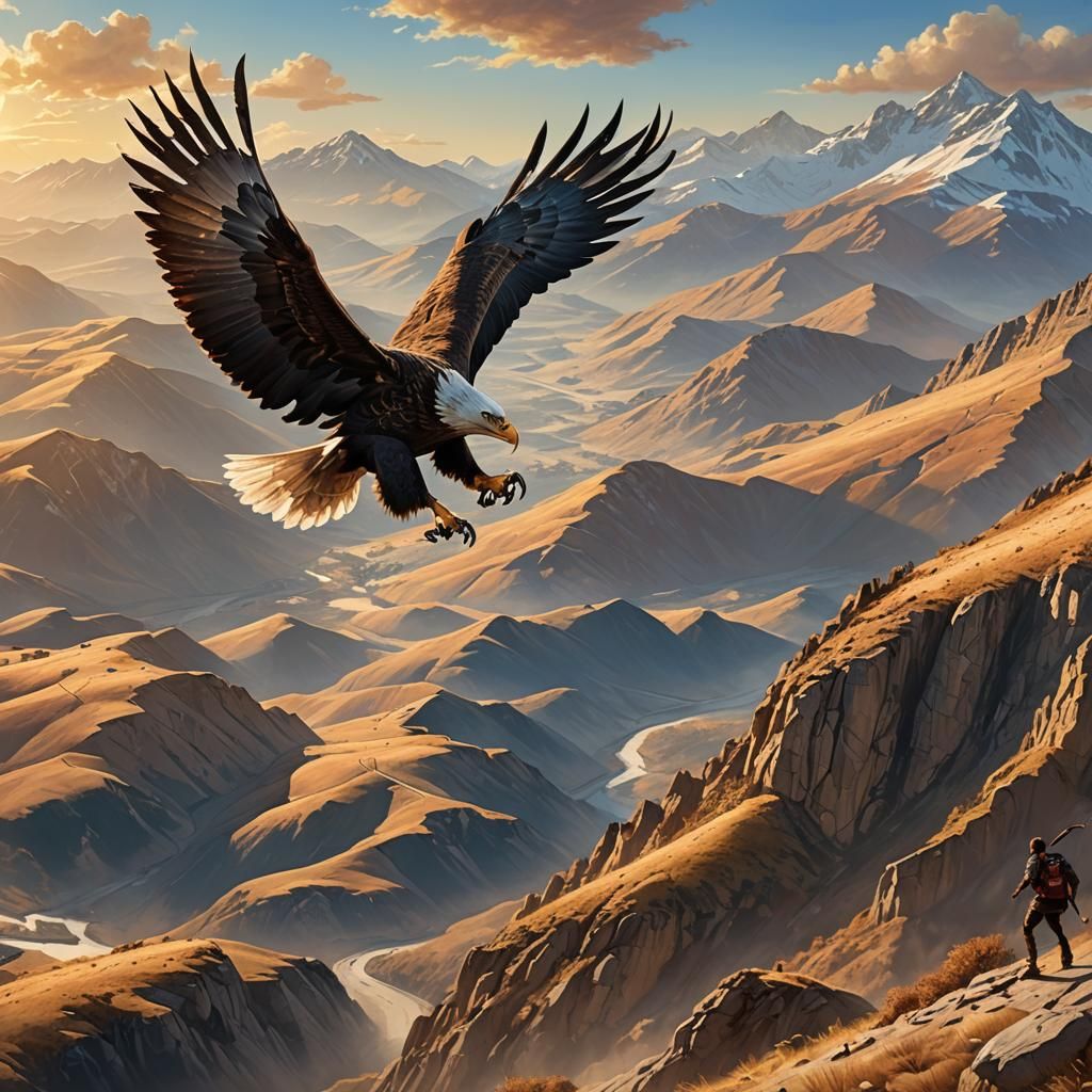 Eagle Soaring Above Mountain Hikers in Golden Light