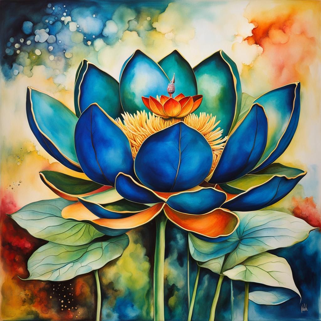 Buddha in Terrarium with Lotus Flowers: Alcohol Ink Art