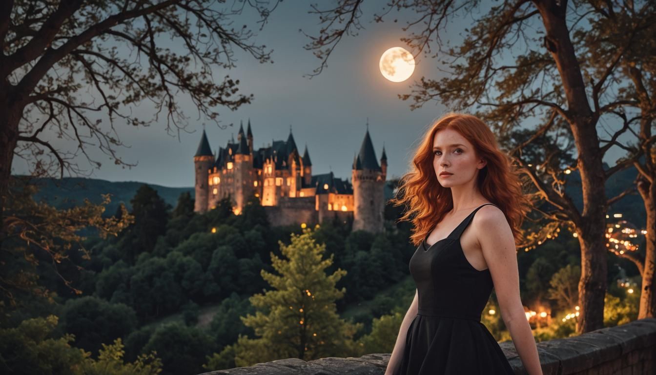 Redhead at Castle Under Full Moon: Professional Photo