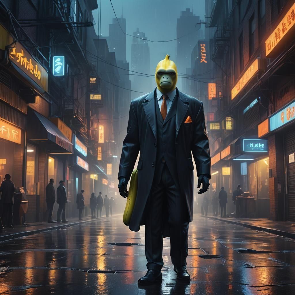 Banana Character in Black Suit: Detailed Concept Art