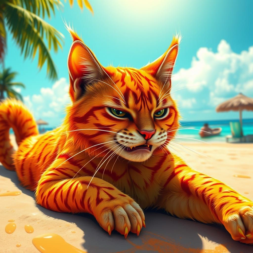 Fierce Mango Cat Soaks Up Beach Sun