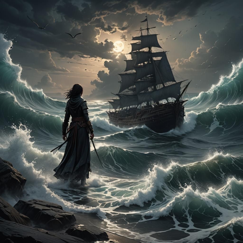 Lonely Figure Adrift in Dark Fantasy Ocean