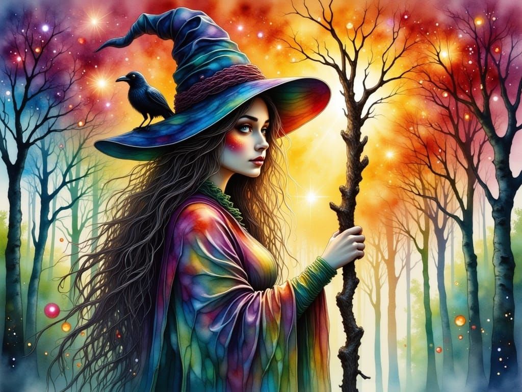 Enchanted Watercolor Portrait of a Mystical Witch