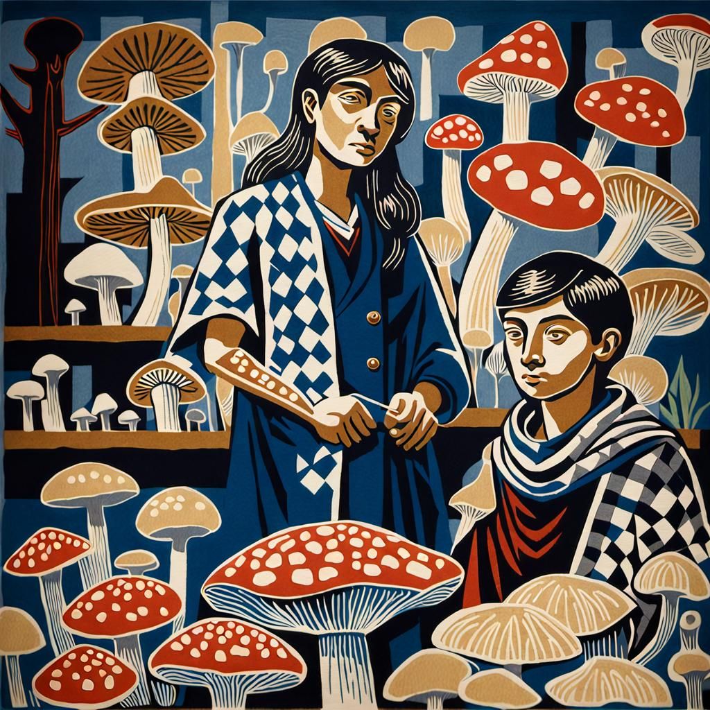 Italian Activists Tending Mushrooms: Linocut Print