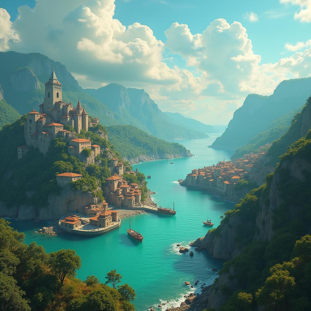 Mystical Walled Town and Harbor: Matte Painting