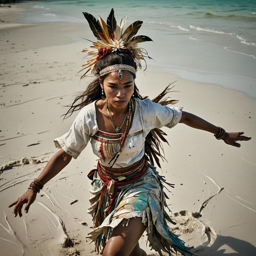 Kiribati Dancer in Traditional Costume, Watercolor and Ink