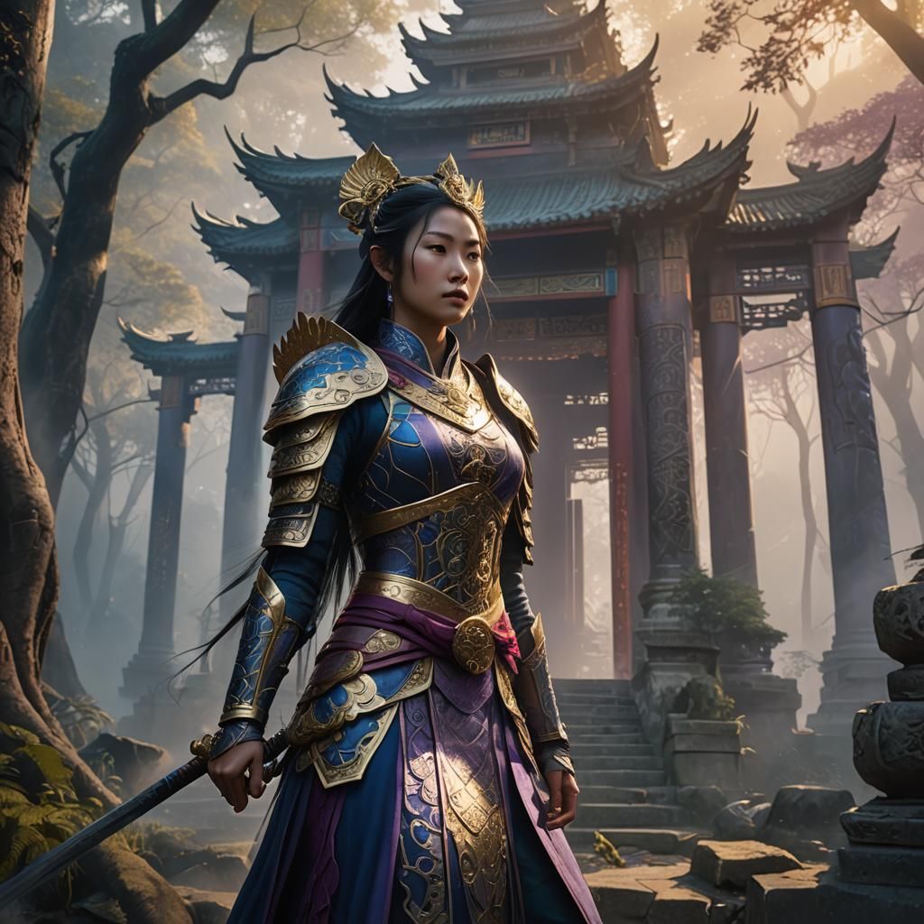 Chinese Princess Warrior in Misty Forest Temple