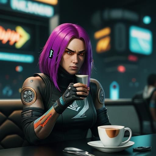 Cyborg Ninja Drinks Cappuccino in Cyberpunk Style