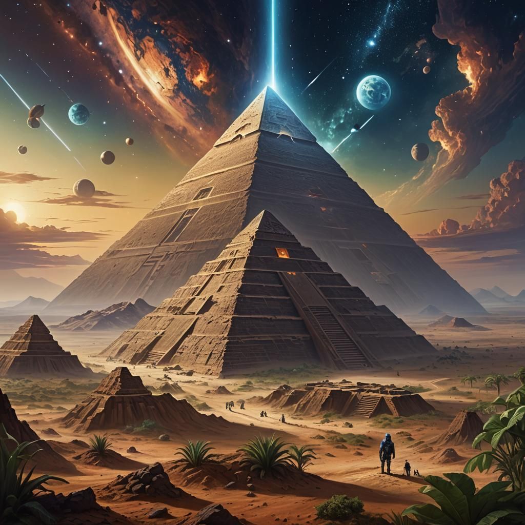Alien Observes Pyramid on Alien Planet in 3D