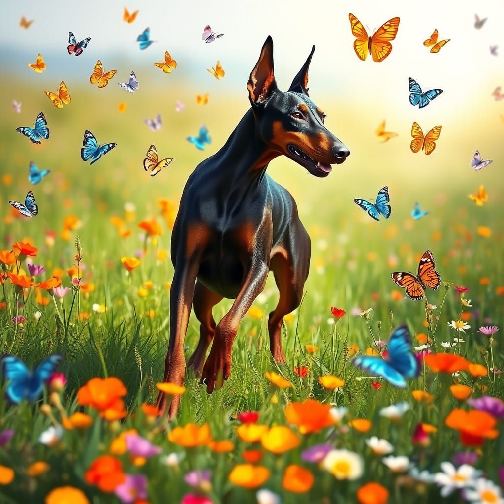 Sleek Doberman Surrounded by Whimsical Butterflies in a Vibr...