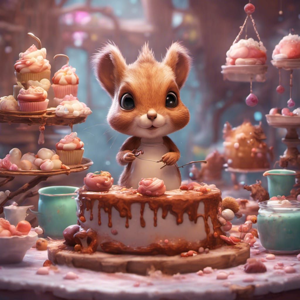 Kawaii Squirrel Baking Cakes: Detailed Matte Painting