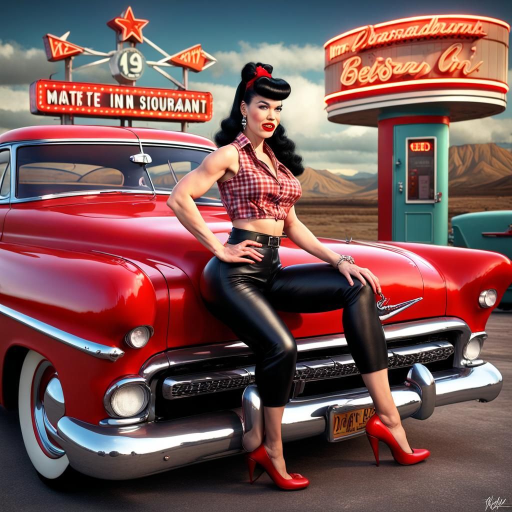Rockabilly Girl at 1950s Drive-In, Detailed Matte Painting