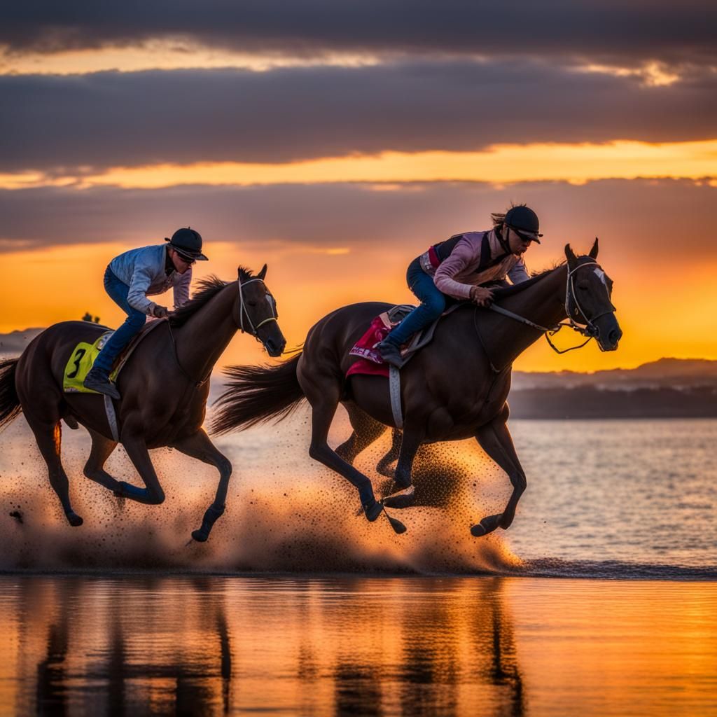 Racing Horses and Cowboy at Sunset