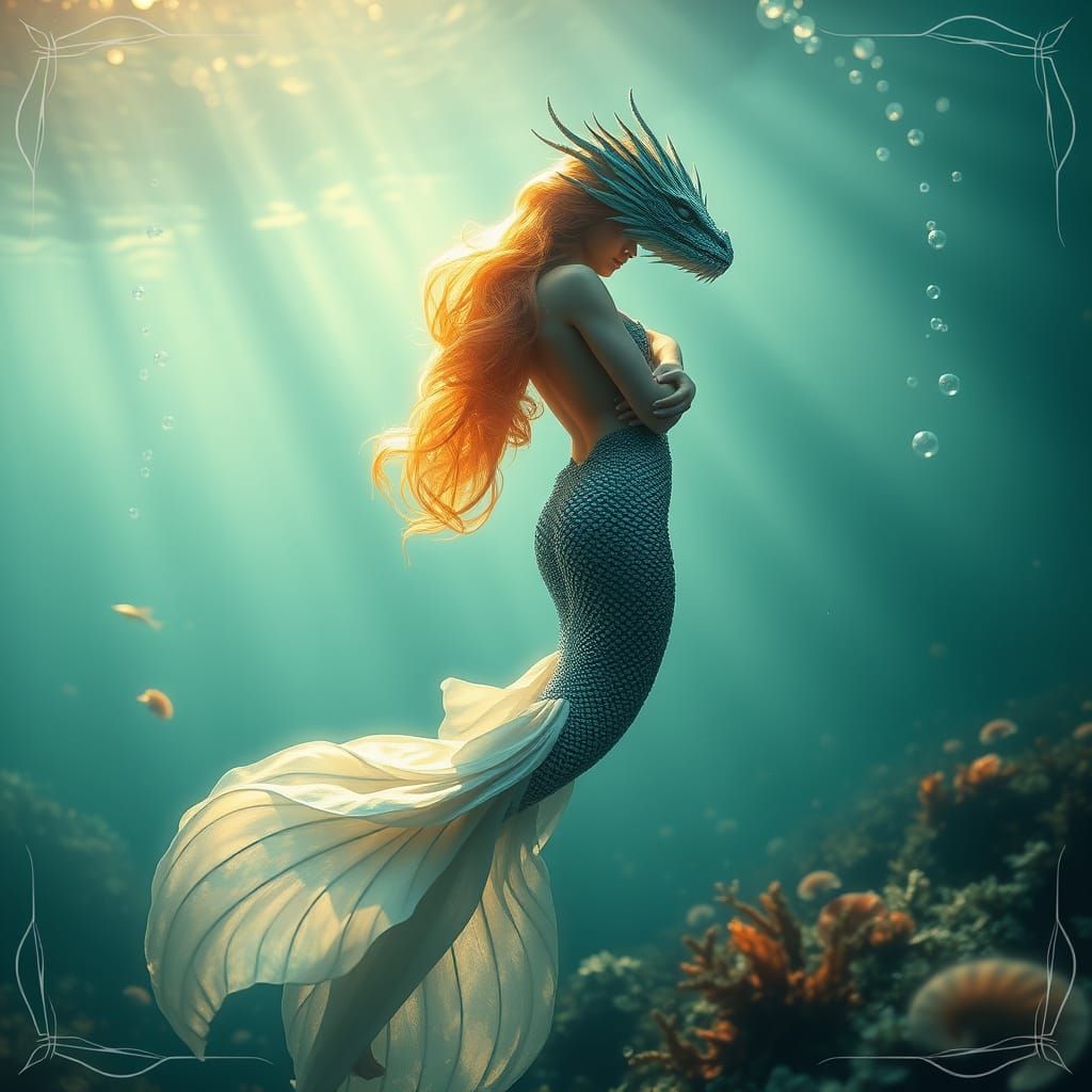 Surreal Mermaid Embraces Glowing Sea-Dragon in Oceanic Wonde...