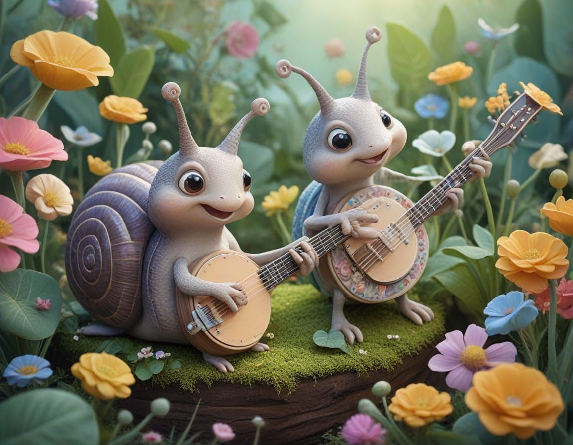 Snails Play Banjos in a Whimsical Garden Scene
