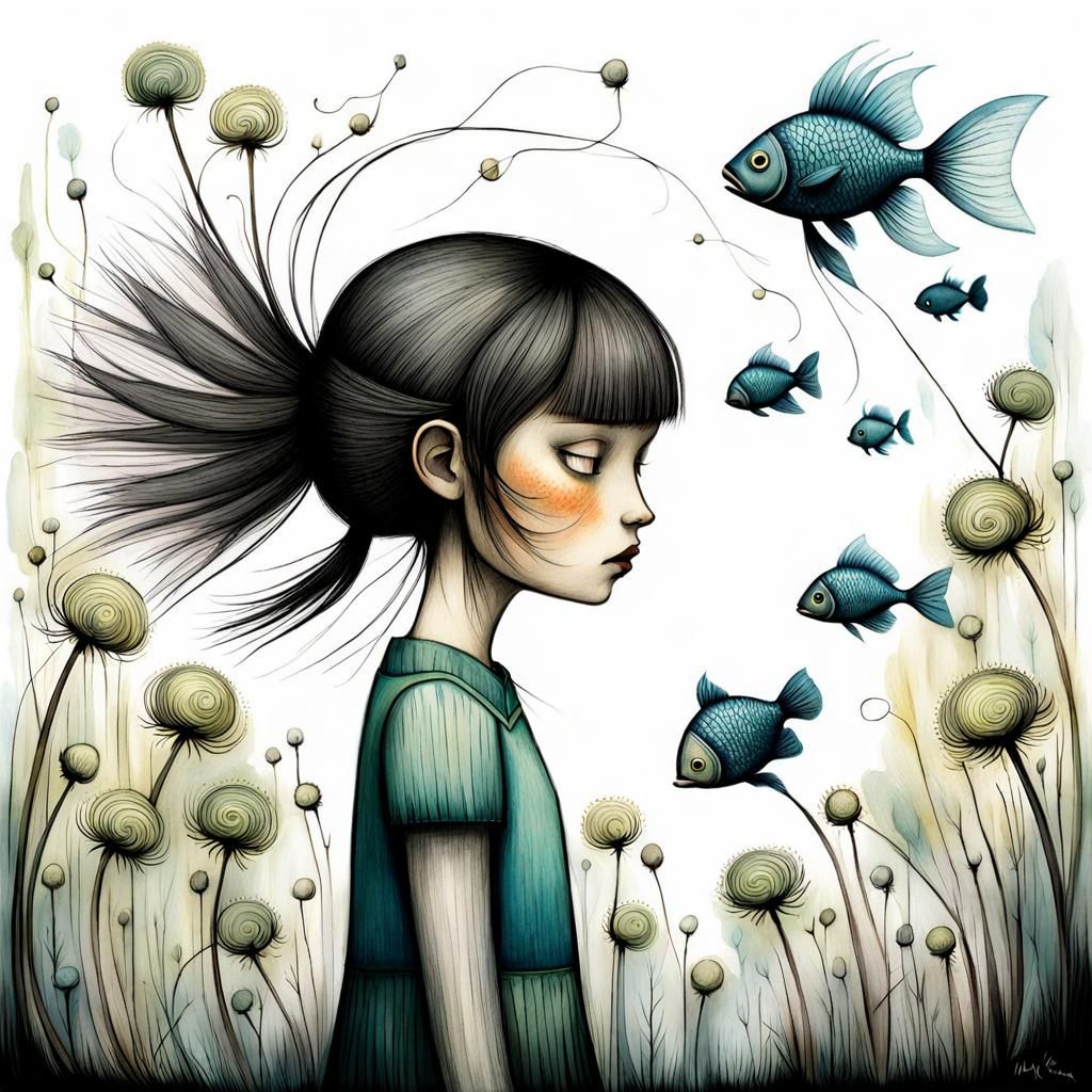 Girl with Bangs, Ponytails, Fish and Dandelions Sketch